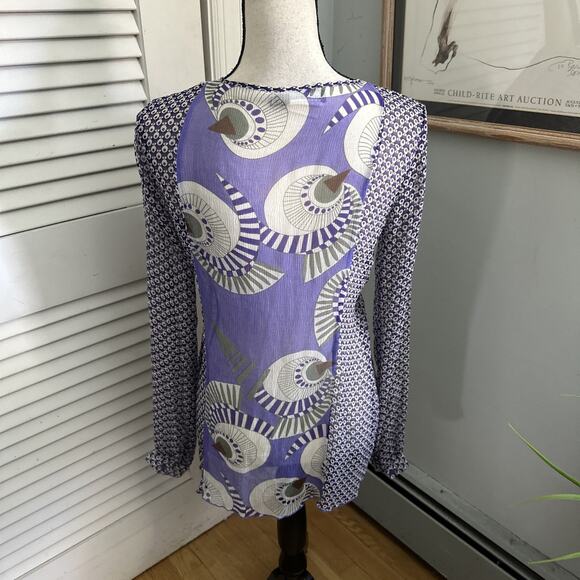 ANTIK BATIK Blouse Womens Small 38 Purple Sheer Silk Artsy Bohemian Print Tunic - Picture 5 of 9